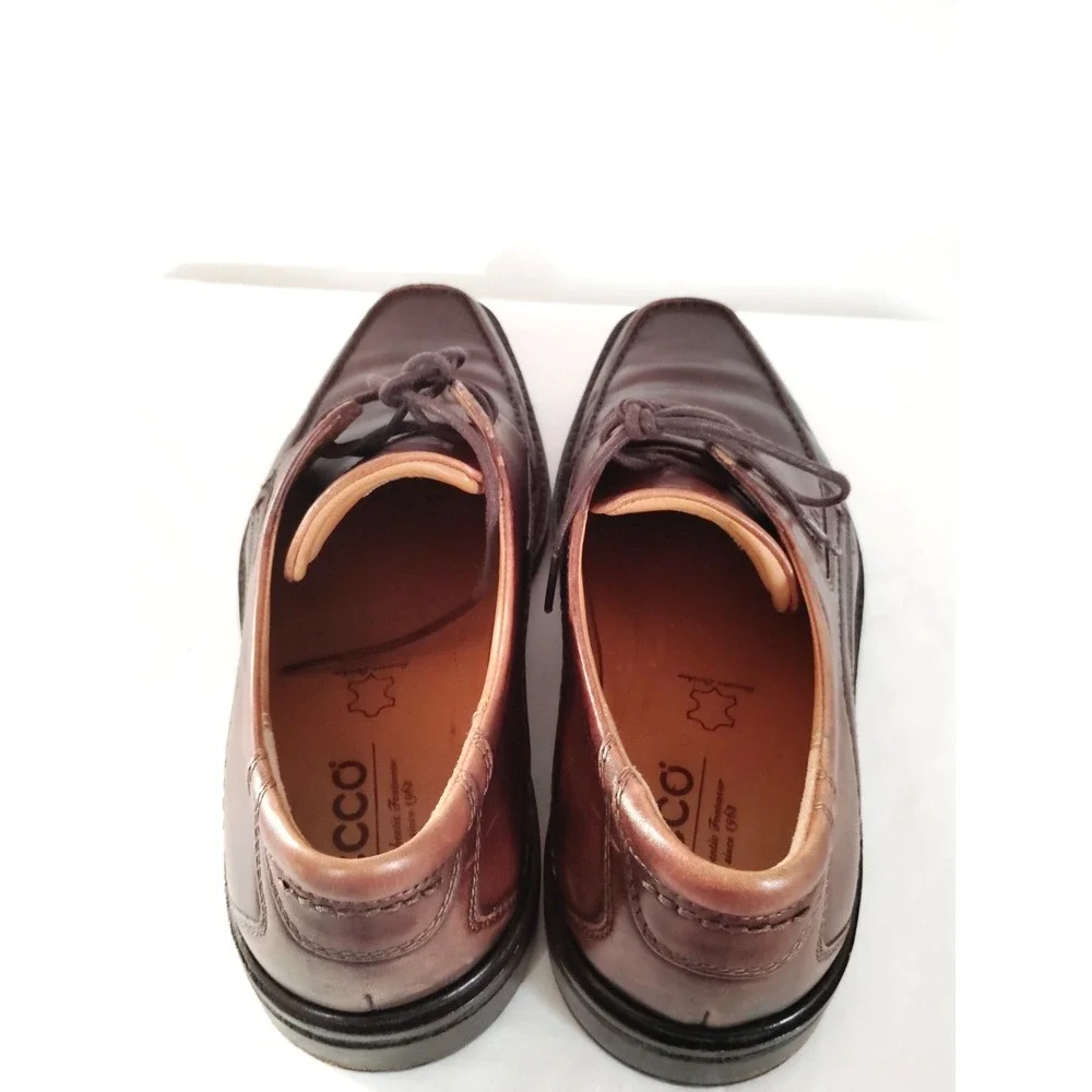 Ecco Brown Leather Lace Tie Almond Toe Derby 43 US 9.5 Preppy Oxford Dress Shoes